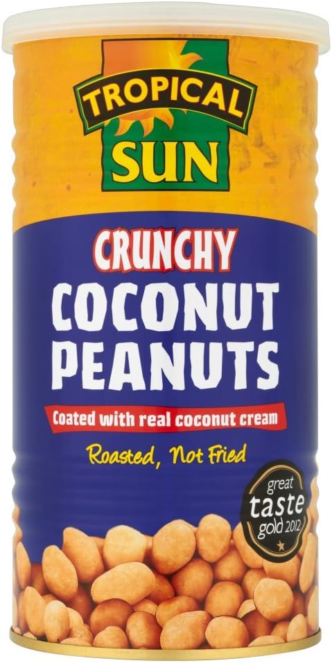 Tropical Sun Crunchy Coconut Coated Peanuts 330g (Pack of 6) Roasted with Real Coconut Cream for a Sweet Nutty Bite Halal, Vegetarian Friendly Tin Keeps Peanuts Fresh and Crispy for Longer
