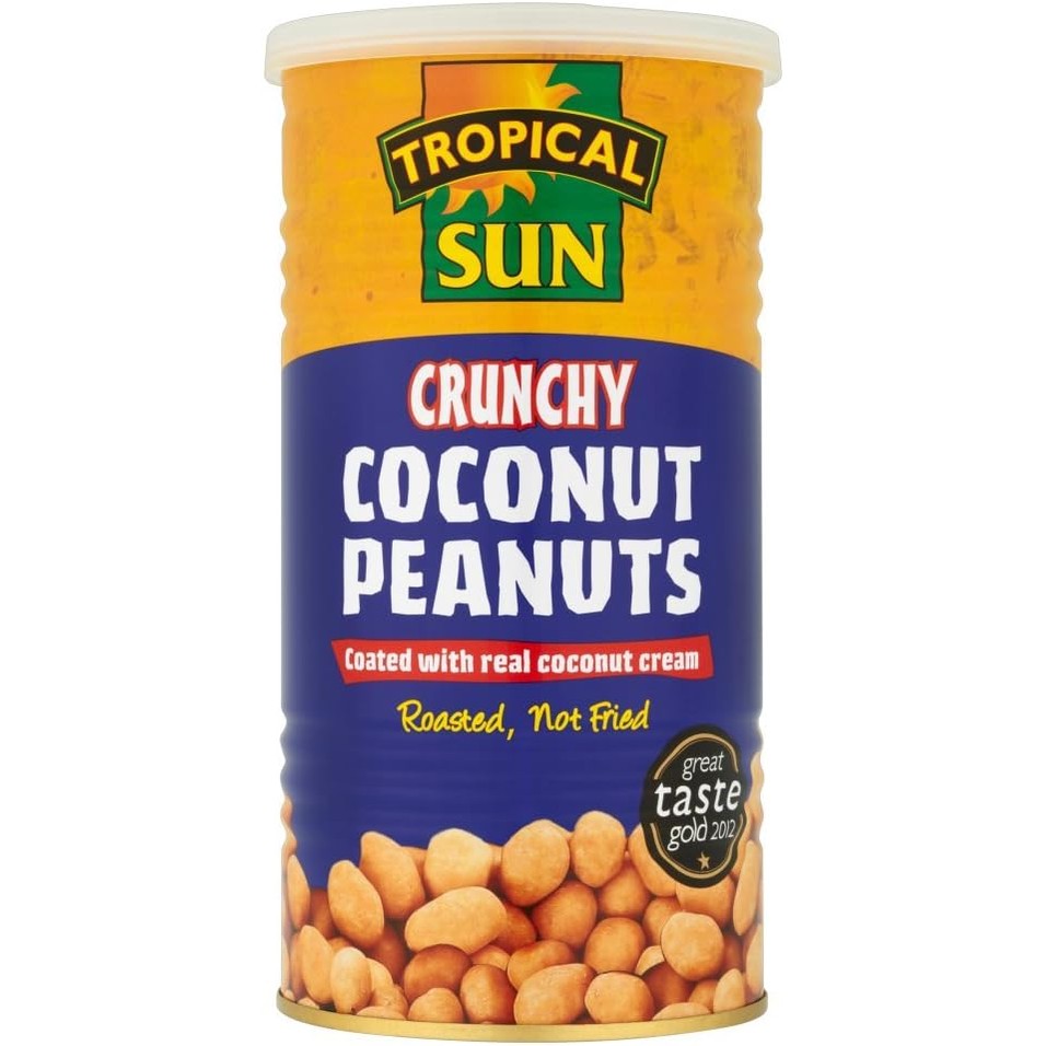 Tropical Sun Crunchy Coconut Coated Peanuts 330g (Pack of 6) Roasted with Real Coconut Cream for a Sweet Nutty Bite Halal, Vegetarian Friendly Tin Keeps Peanuts Fresh and Crispy for Longer