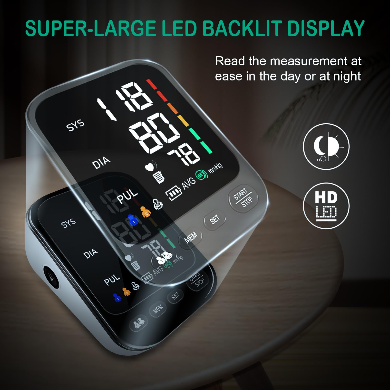 GLOXMART Professional Blood Pressure Monitors Large Cuff Blood Pressure Machine CE Approved UK, 2x199 Records Automatic Upper Arm BP Machine for Home Use 4.5in LED Backlit Adjustable Large Font Screen,Cuff 8 - 17 Inches - GLOXMART