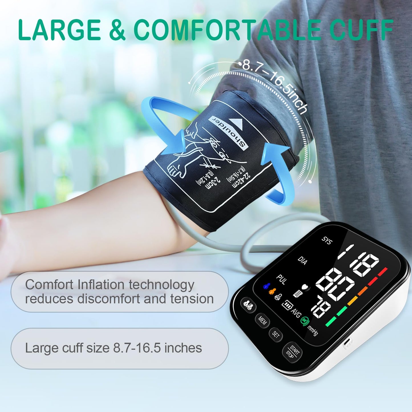 GLOXMART Professional Blood Pressure Monitors Large Cuff Blood Pressure Machine CE Approved UK, 2x199 Records Automatic Upper Arm BP Machine for Home Use 4.5in LED Backlit Adjustable Large Font Screen,Cuff 8 - 17 Inches - GLOXMART