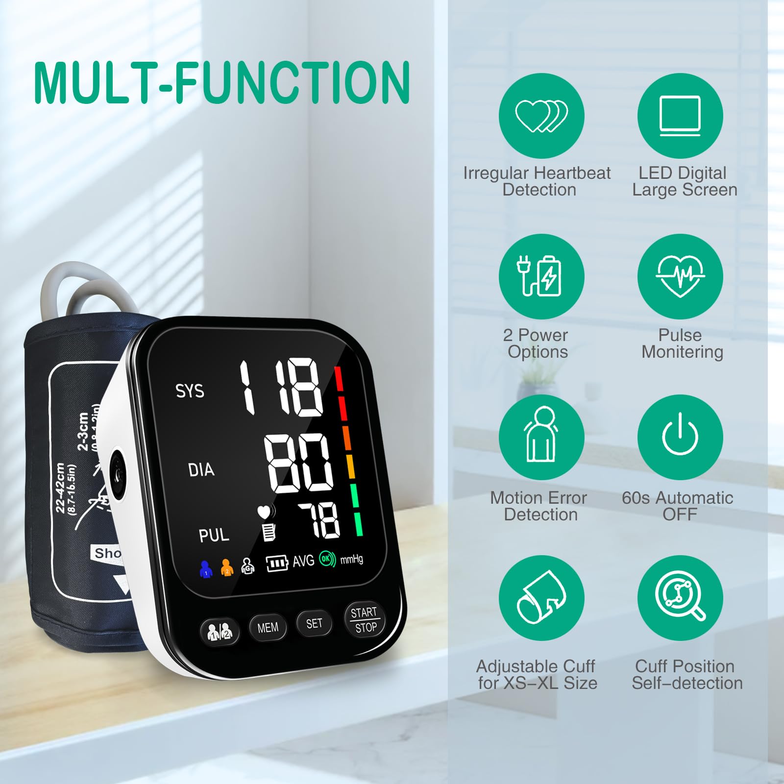 GLOXMART Professional Blood Pressure Monitors Large Cuff Blood Pressure Machine CE Approved UK, 2x199 Records Automatic Upper Arm BP Machine for Home Use 4.5in LED Backlit Adjustable Large Font Screen,Cuff 8 - 17 Inches - GLOXMART