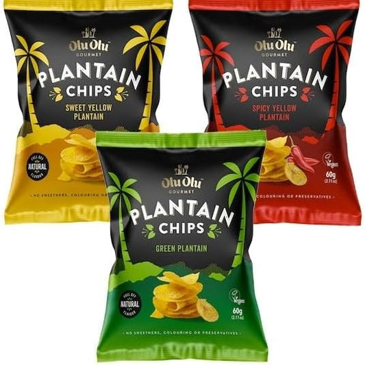 Olu Olu Gourmet I Plantain Chips I Box of 24 Mixed I 8 Pack of Chilli Plantain I 8 Pack of Sweet Yellow Plantain I 8 Pack of Green Plantain with Salt I 60G - GLOXMART