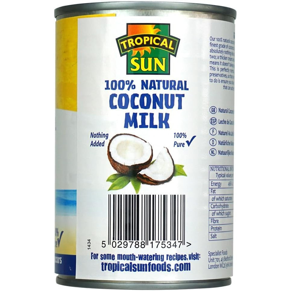 Tropical Sun Coconut Milk 400ml Pack of 6 | 100% Natural Canned Milk from Fresh Coconuts | Rich & Creamy Gluten-Free,Dairy-Free Vegan for Cooking, Baking, Curries & Smoothies