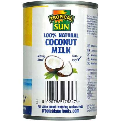 Tropical Sun Coconut Milk 400ml Pack of 6 | 100% Natural Canned Milk from Fresh Coconuts | Rich & Creamy Gluten-Free,Dairy-Free Vegan for Cooking, Baking, Curries & Smoothies