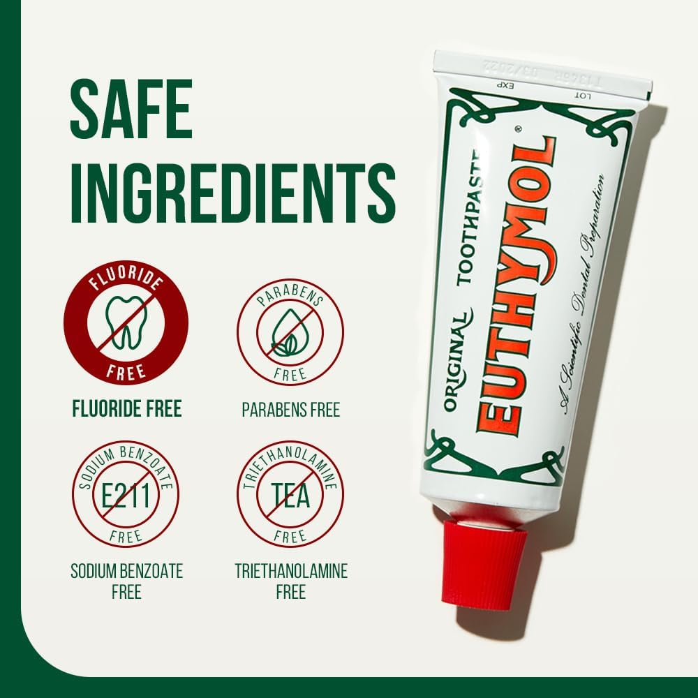 Euthymol Original Toothpaste 75ml x 6, Fluoride Free Anti-Plaque Antibacterial Cavity Teeth Gums Clean Healthy Protection Refresh Daily Oral Enamel Dental Care