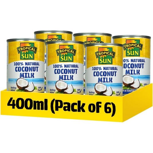 Tropical Sun Coconut Milk 400ml Pack of 6 | 100% Natural Canned Milk from Fresh Coconuts | Rich & Creamy Gluten-Free,Dairy-Free Vegan for Cooking, Baking, Curries & Smoothies