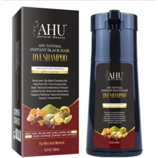 AHU NATURAL INSTANT BLACK HAIR DYE SHAMPOO 500ML FOR MEN AND WOMEN LONG LASTING COLOUR COVERGAE