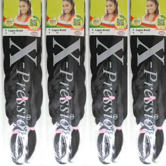 X-Pression 1B 4 PACK XPRESSION LAGOS BRAID Pre-Pulled Hair Extension, Braiding Hair, 42″ & 46″ Pack, (Colour 1B, Natural Black), 4.0 count