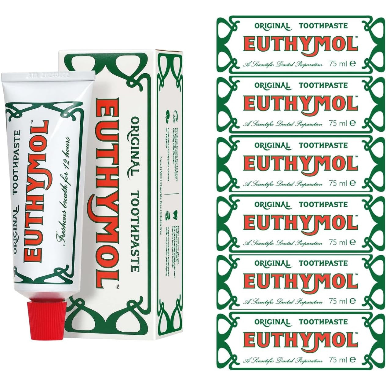 Euthymol Original Toothpaste 75ml x 6, Fluoride Free Anti-Plaque Antibacterial Cavity Teeth Gums Clean Healthy Protection Refresh Daily Oral Enamel Dental Care