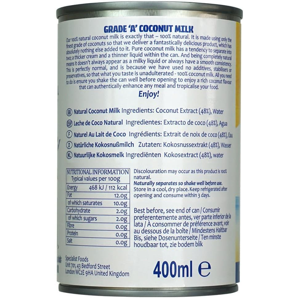 Tropical Sun Coconut Milk 400ml Pack of 6 | 100% Natural Canned Milk from Fresh Coconuts | Rich & Creamy Gluten-Free,Dairy-Free Vegan for Cooking, Baking, Curries & Smoothies