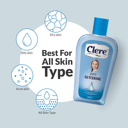 CLERE 100% Pure Glycerin Liquid for Versatile Body Skin Care, Glycerine for Face Moisturizes Dry Skin & Softens, Glycerol Reduces Stretch Marks 100 ml (Pack of 1) Sourced by Bronx International Ltd