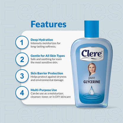 CLERE 100% Pure Glycerin Liquid for Versatile Body Skin Care, Glycerine for Face Moisturizes Dry Skin & Softens, Glycerol Reduces Stretch Marks 100 ml (Pack of 1) Sourced by Bronx International Ltd
