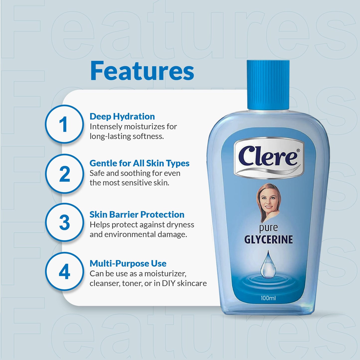 CLERE 100% Pure Glycerin Liquid for Versatile Body Skin Care, Glycerine for Face Moisturizes Dry Skin & Softens, Glycerol Reduces Stretch Marks 100 ml (Pack of 1) Sourced by Bronx International Ltd