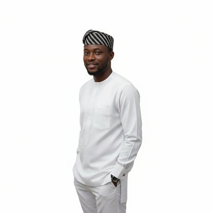 Premium Aso-Oke Yoruba Men Cap | African Cap for Weddings, Parties and Other Events | M 23" - Black Striped
