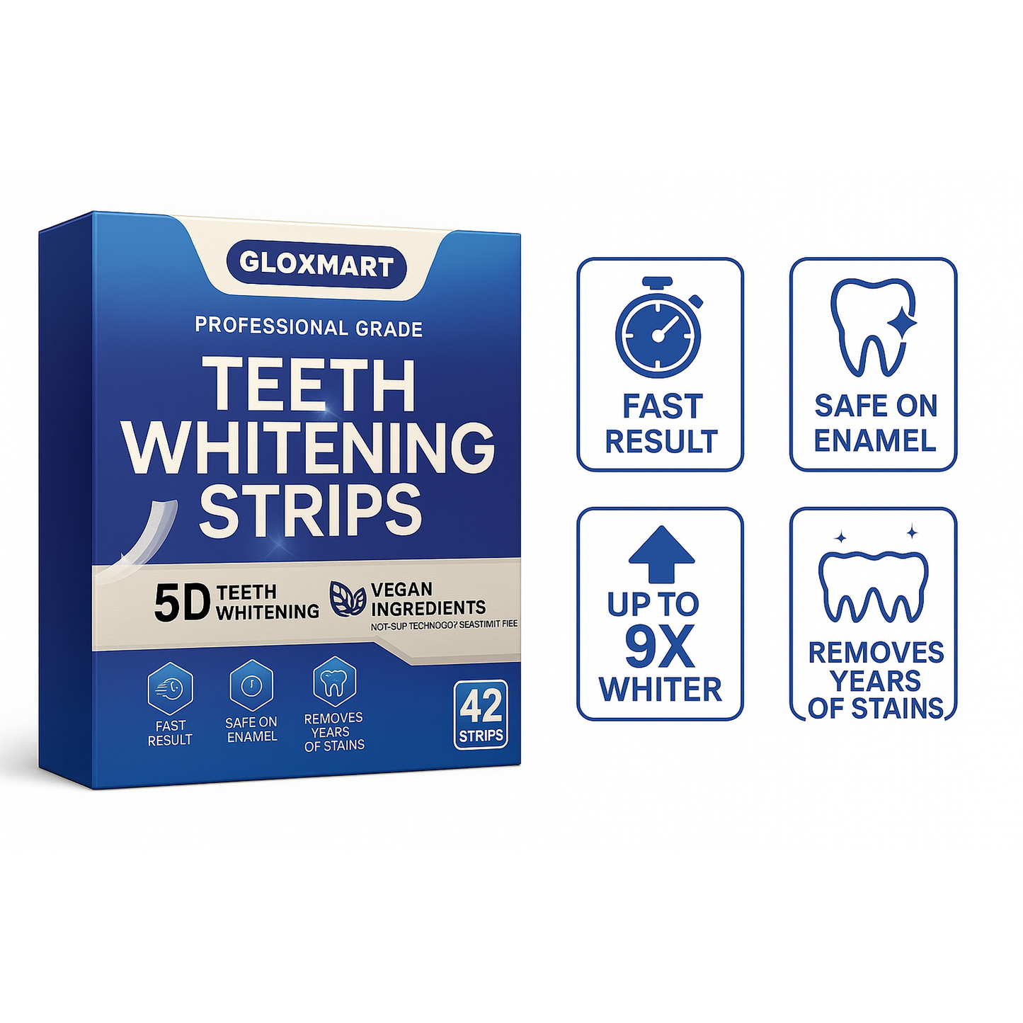 Gloxmart 5D Teeth Whitening Strips 42 Count + Pen | Professional Grade, Sensitivity Free