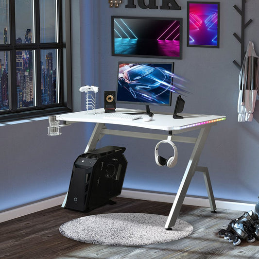 Gaming Desk Racing Style Computer Table RGB LED Lights, Hook, White, 47*26 inches