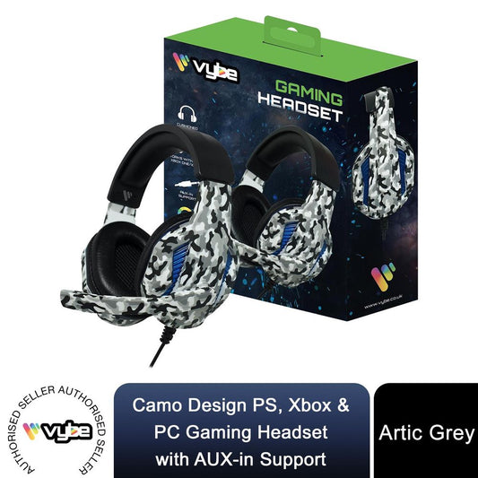 Vybe Headset Camo Design for PS, Xbox & PC Gaming with AUX-in Support,Artic Grey