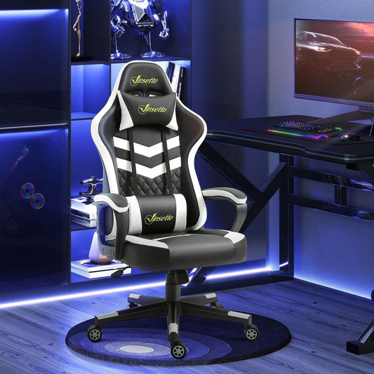 Racing Gaming Chair w/ Lumbar Support, Gamer Office Chair, Black White