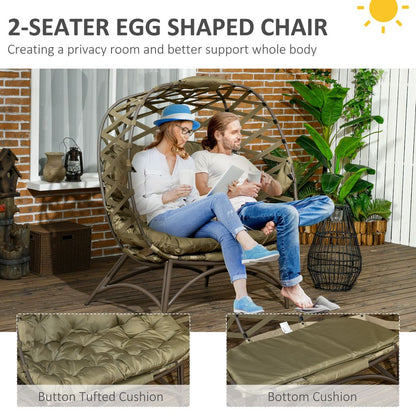 2 Seater Egg Chair Outdoor with Cushion, Cup Pockets - Khaki