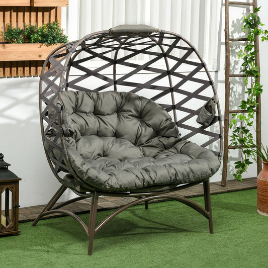 2 Seater Egg Chair Outdoor with Cushion, Cup Pockets - Sand Brown