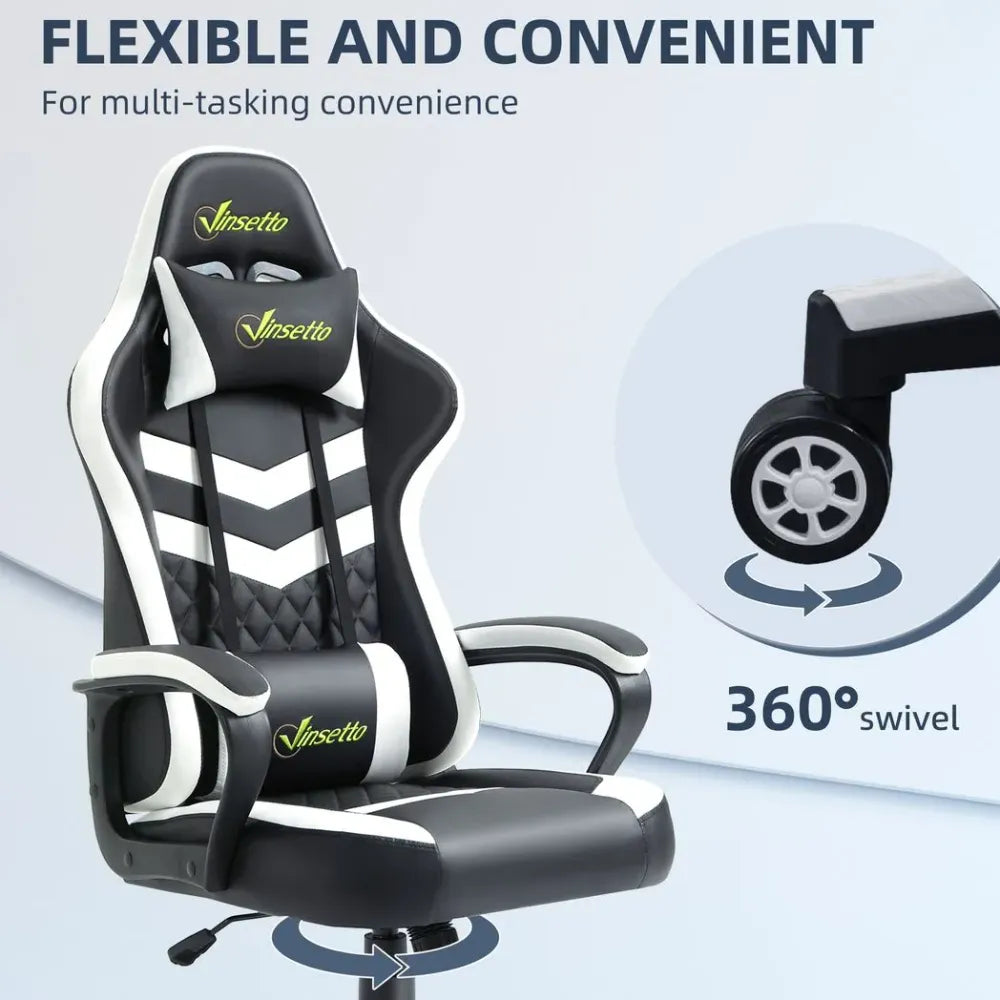 Racing Gaming Chair w/ Lumbar Support, Headrest, Gamer Office Chair, Black White