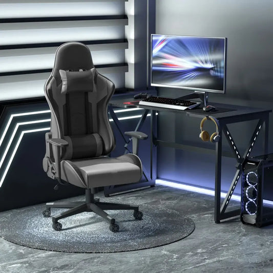 PU Leather Gaming Chair with Adjustable Head Pillow and Lumbar Support, Black