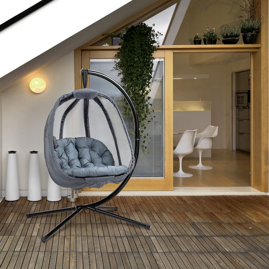 Folding Hanging Egg Chair w/ Cushion and Stand Grey