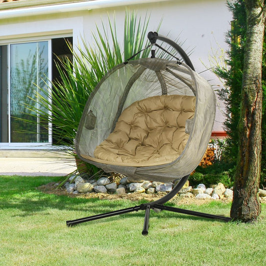 Double Hanging Egg Chair 2 Seaters Swing Hammock w/ Cushion, Brown
