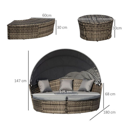 Outsunny 5 PCs Cushioned Outdoor Plastic Rattan Round Sofa Bed Table Set Grey