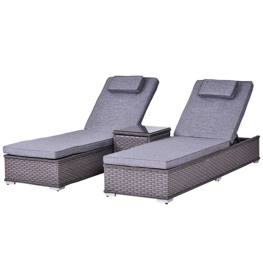 3 Piece Rattan Lounge Set, Side Table, 5-Position Adjustable Recline Chair, Grey