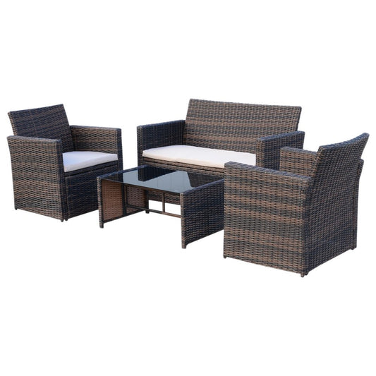 4pc Patio Garden Rattan Wicker Sofa 2-Seater Loveseat Chair Table Brown